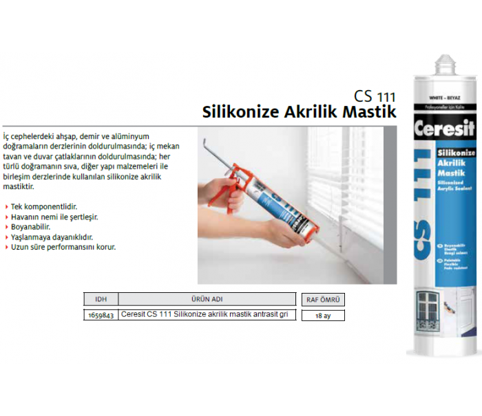 CERESİT CS 111 SİLİKONİZE AKRİLİK MASTİK ANTRASİT GRİ 240ml
