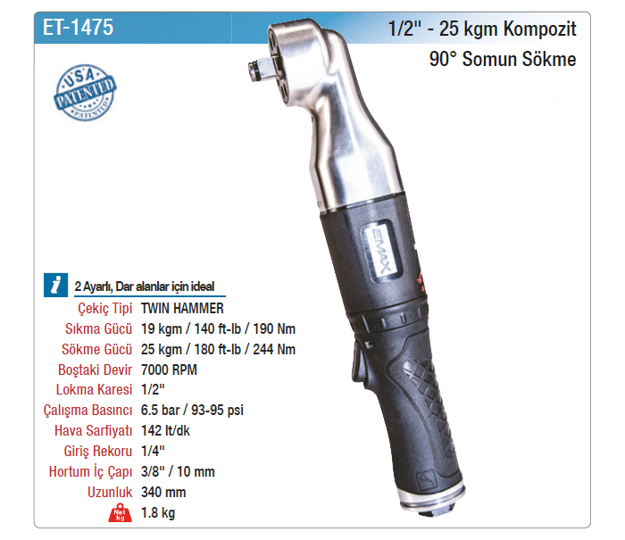EMAX 1/2 25kgm KOMPOZİT 90° SOMUN SÖKME