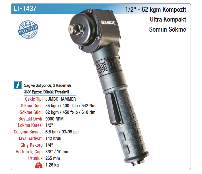 EMAX 1/2 62kgm KOMPOZİT ULTRA KOMPAKT SOMUN SÖKME