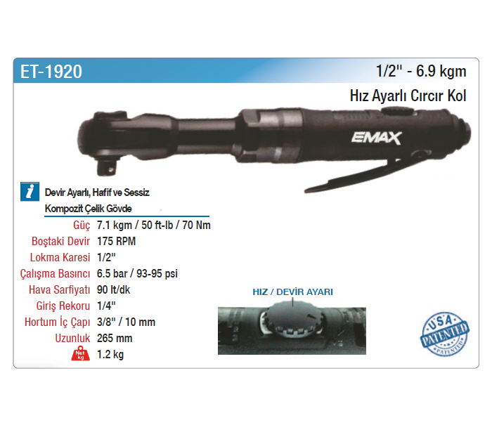 EMAX 1/2 6.9kgm HIZ AYARLI CIRCIR KOL