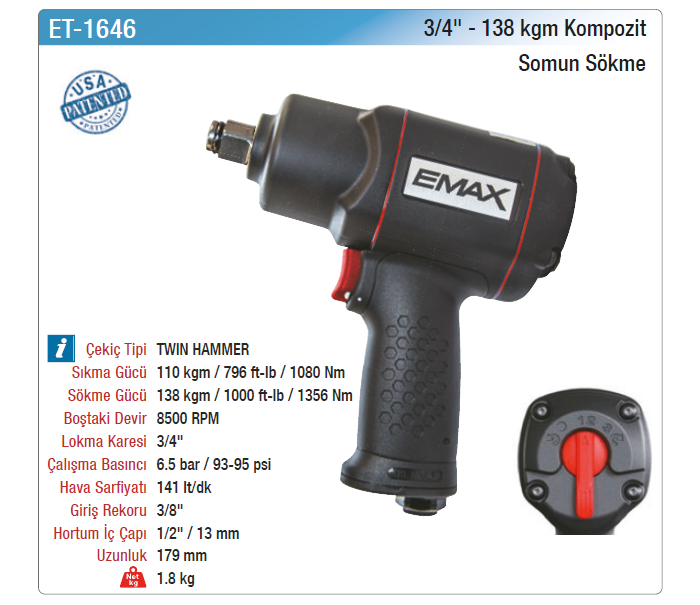 EMAX 3/4 138kgm KOMPOZİT SOMUN SÖKME