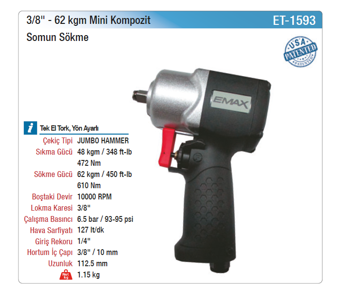 EMAX 3/8 62kgm MİNİ KOMPOZİT SOMUN SÖKME