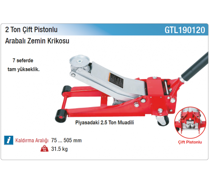 NT tools 2 TON ÇİFT PİSTONLU ARABALI ZEMİN KRİKO