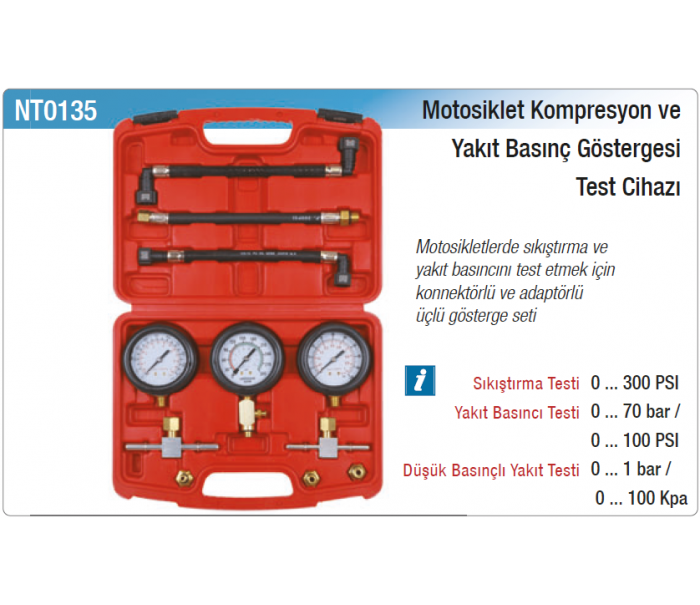 NT tools MOTOSİKLET KOMPRESYON VE YAKIT BASINÇ GÖSTERGESİ TEST CİHAZI