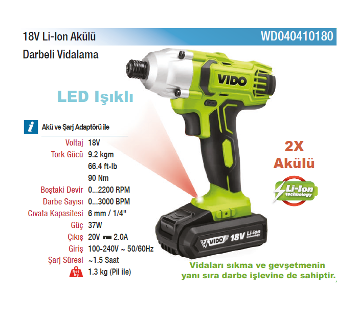 VIDO 18V Lİ-LON AKÜLÜ DARBELİ VİDALAMA