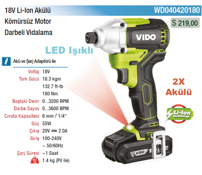 VIDO 18V Lİ-LON AKÜLÜ ''KÖMÜRSÜZ MOTOR'' DARBELİ VİDALAMA