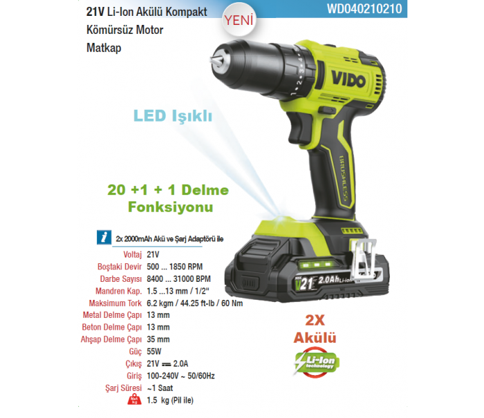 VIDO 21V Lİ-LON KÖMÜRSÜZ MOTOR MATKAP