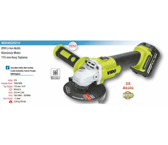 VIDO 21V Lİ-LON AKÜLÜ KÖMÜRSÜZ MOTOR 115mm AVUÇ TAŞLAMA