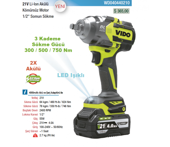 VIDO 21V Lİ-LON KÖMÜRSÜZ MOTOR 1/2 SOMUN SÖKME