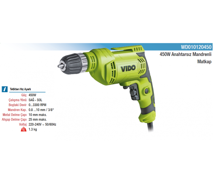 VIDO 450W ANAHTARSIZ MANDRENLİ MATKAP