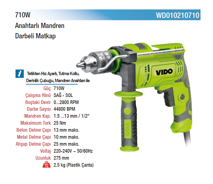 VIDO 710W ANAHTARSIZ MANDRENLİ DARBELİ MATKAP