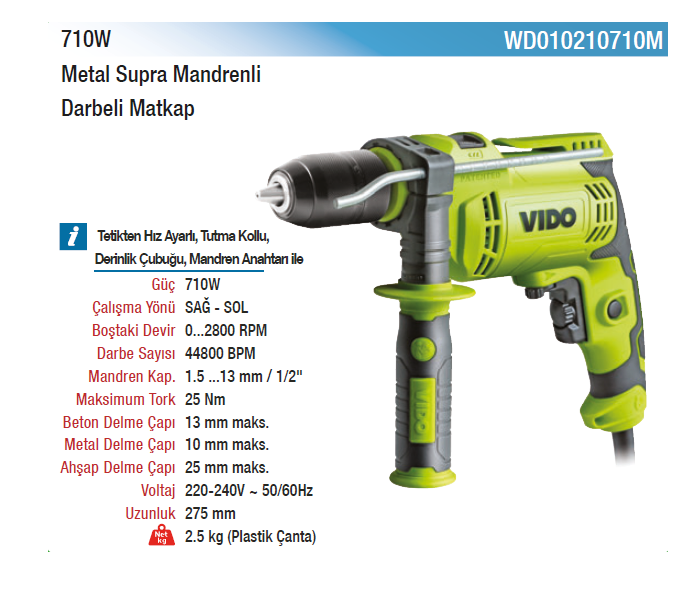 VIDO 710W METAL SUPRA MANDRENLİ DARBELİ MATKAP