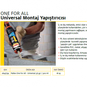 PATTEX ONE FOR ALL UNİVERSAL MONTAJ YAPIŞTIRCISI 300 ml